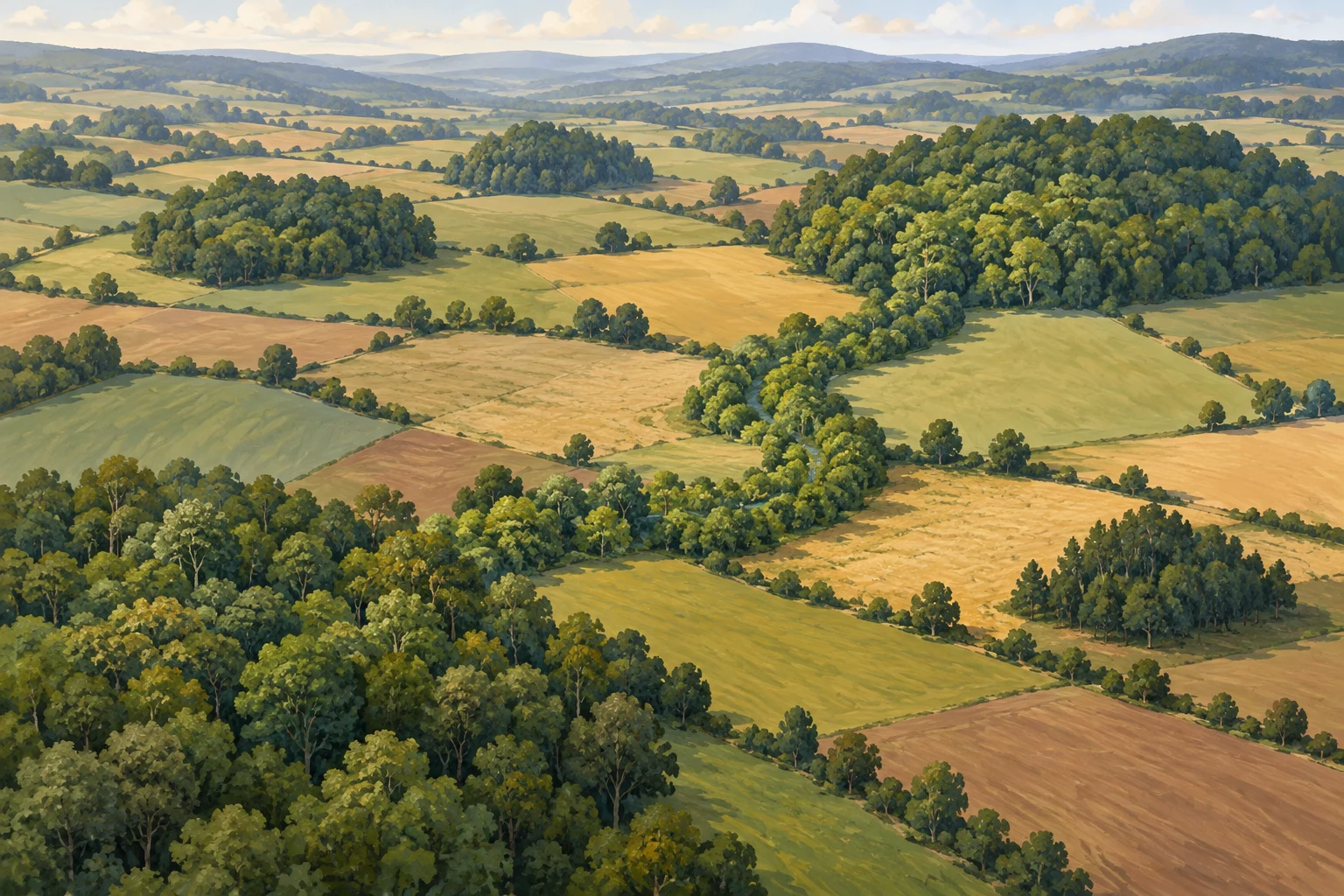 KI-generierte Illustration: Eine erfundene Landschaft mit Waldflächen, die durch einen Vegetationsstreifen verbunden sind. Keine dokumentarische Fotografie oder wissenschaftlicher Beleg.