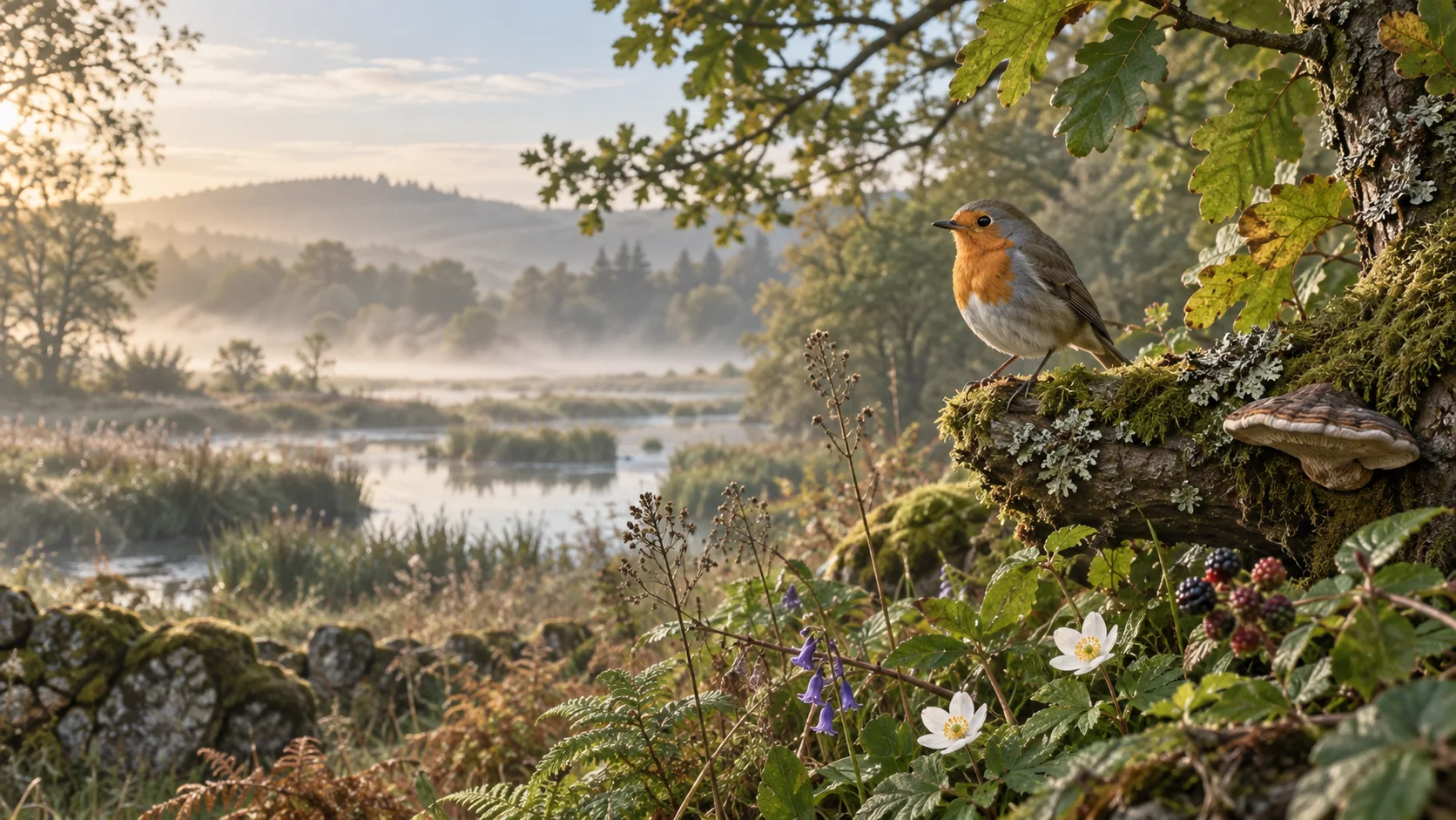 Komposition mit einem Vogel, Blumen, Pilzen und einer Naturlandschaft im Morgengrauen.